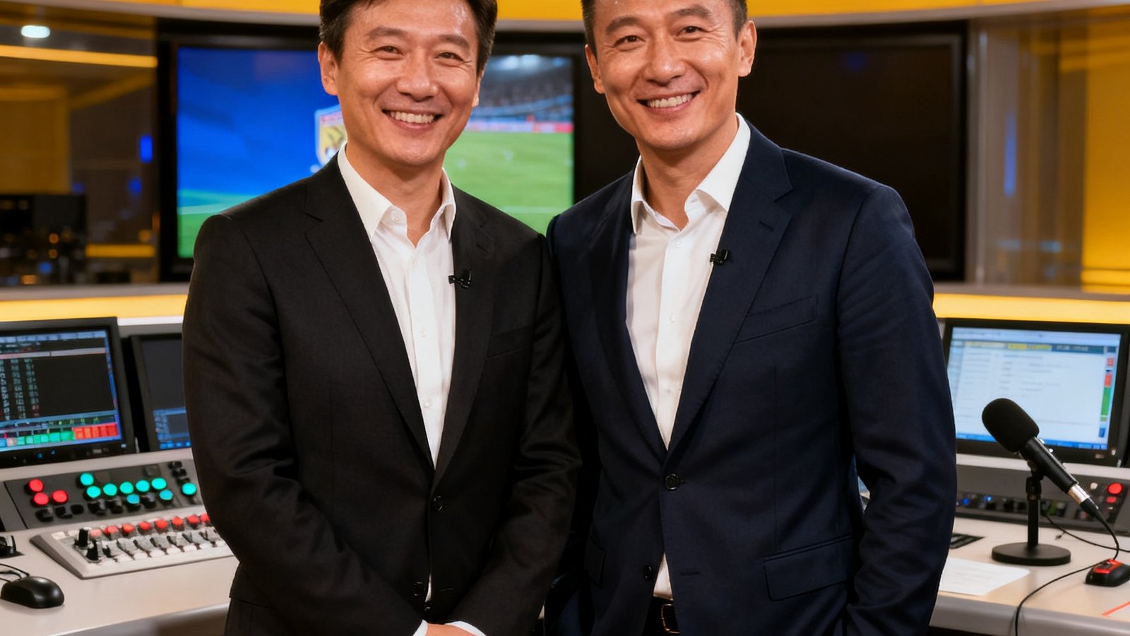 看球直播创始人与前国脚李浩在演播室合影,背景是直播控制台